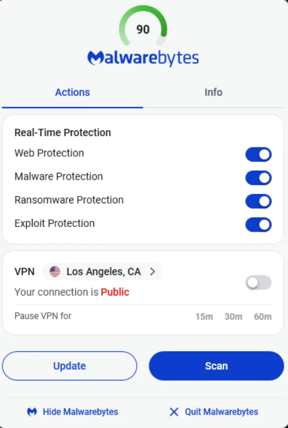 Malwarebytes Windows tray dashboard with real-time protection switches, VPN controls, and Update and Scan buttons
