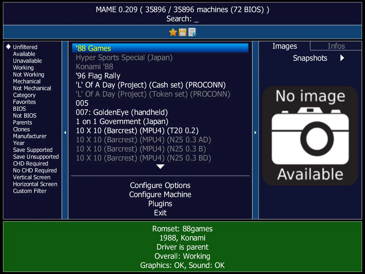 MAME 0.209 historical system-selection interface with filters, machine list and configuration menu; not the 0.289 release.