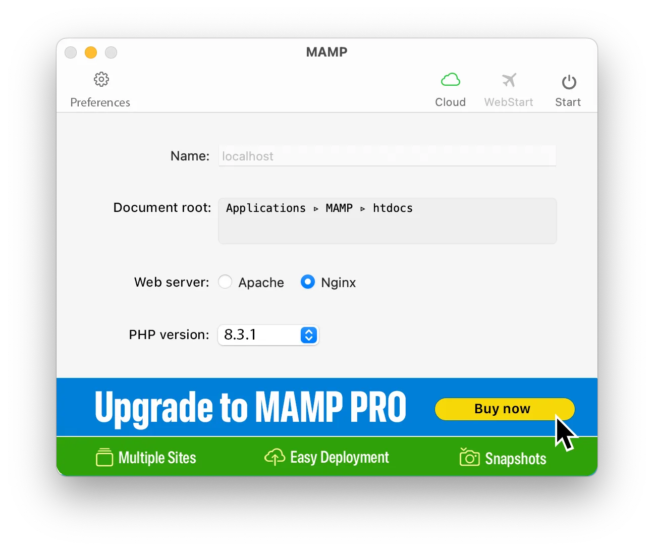 Publisher screenshot of MAMP for Mac showing document root, Apache or Nginx selection, PHP selector and a MAMP PRO upgrade banner.