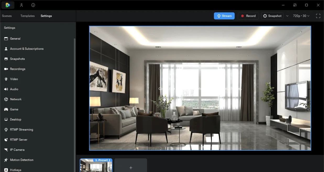 ManyCam Windows interface showing Settings categories, a room video preview, preset thumbnail, and Stream, Record and Snapshot controls.