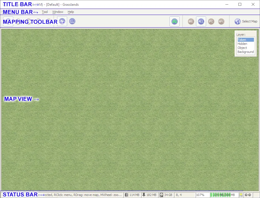 Historical MapTool Windows interface with annotated menu and mapping toolbar, grass map view, layer selector and status bar; RPTools Wiki, 2019.