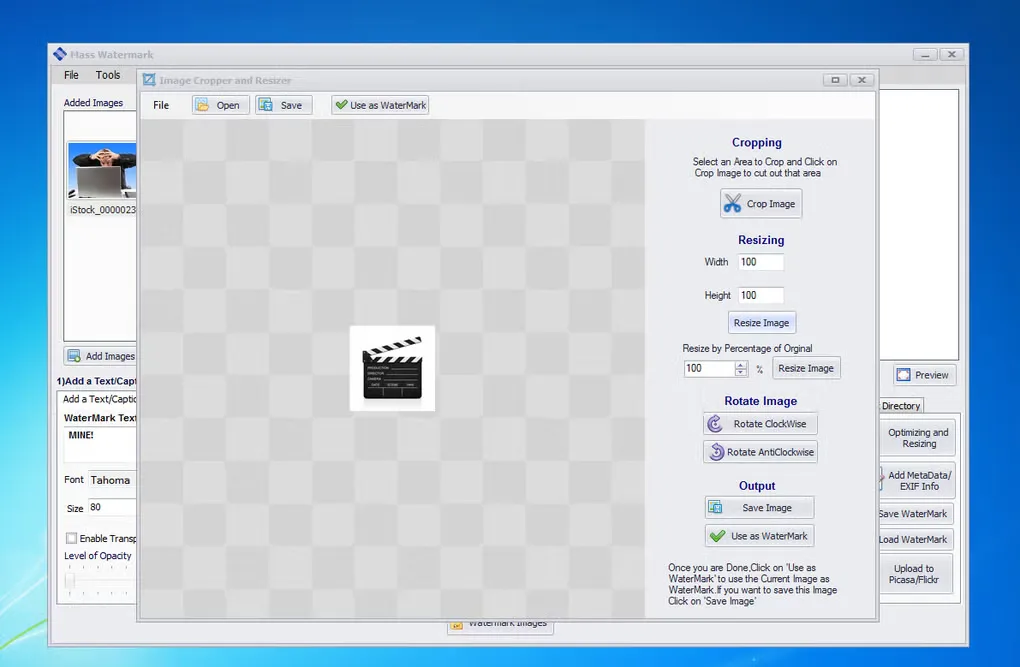 Older Mass Watermark Windows interface with Image Cropper and Resizer, crop, resize, rotate and Use as WaterMark controls