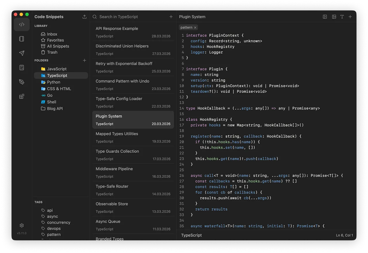 Publisher's older macOS massCode snippet workspace with folders, a TypeScript snippet list and the Plugin System code editor.