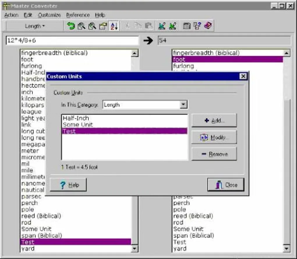 Master Converter on Windows showing length unit lists and the Custom Units dialog with Add, Modify and Remove controls.