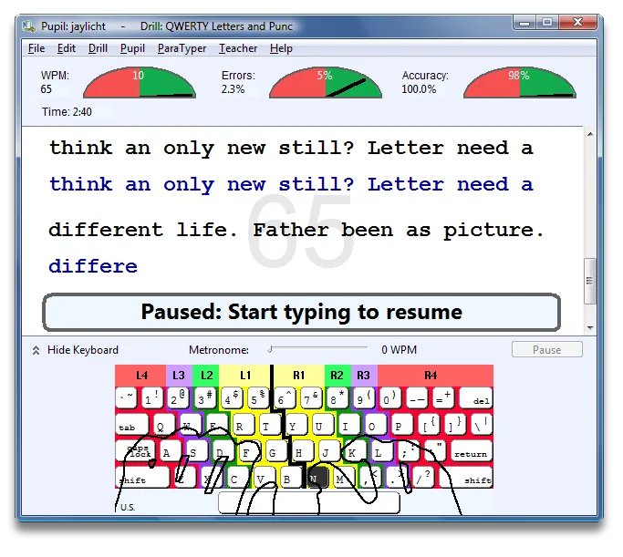 Master Key Windows typing drill paused, showing practice text, speed and accuracy gauges, and a color-coded keyboard guide.
