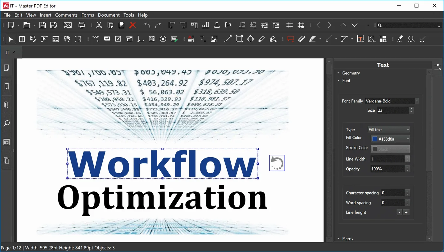 Master PDF Editor on Windows with a selected text object in a PDF and the Text properties panel open