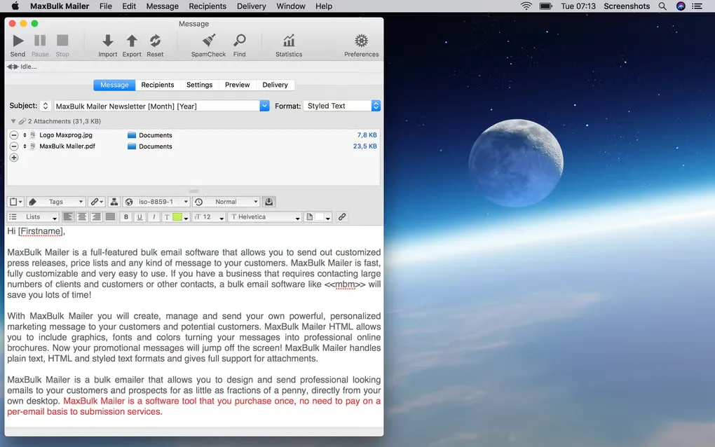 MaxBulk Mailer on a Mac desktop with a styled newsletter, a first-name merge tag and two attachments in the Message tab