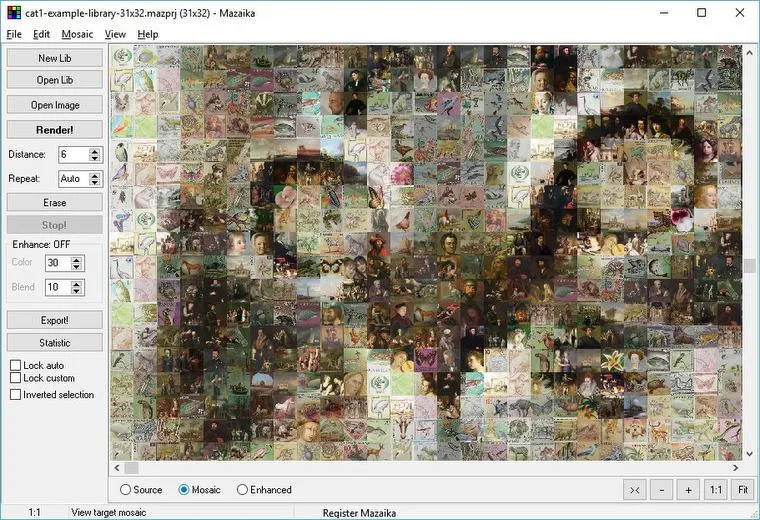 Mazaika for Windows showing a cat photo mosaic, tile controls and color-blending settings.