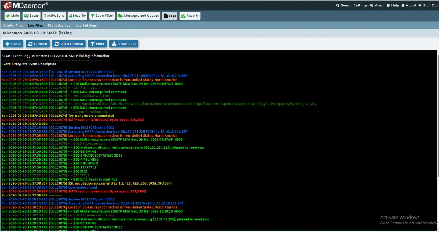 MDaemon Remote Administration Logs tab showing color-coded incoming SMTP sessions