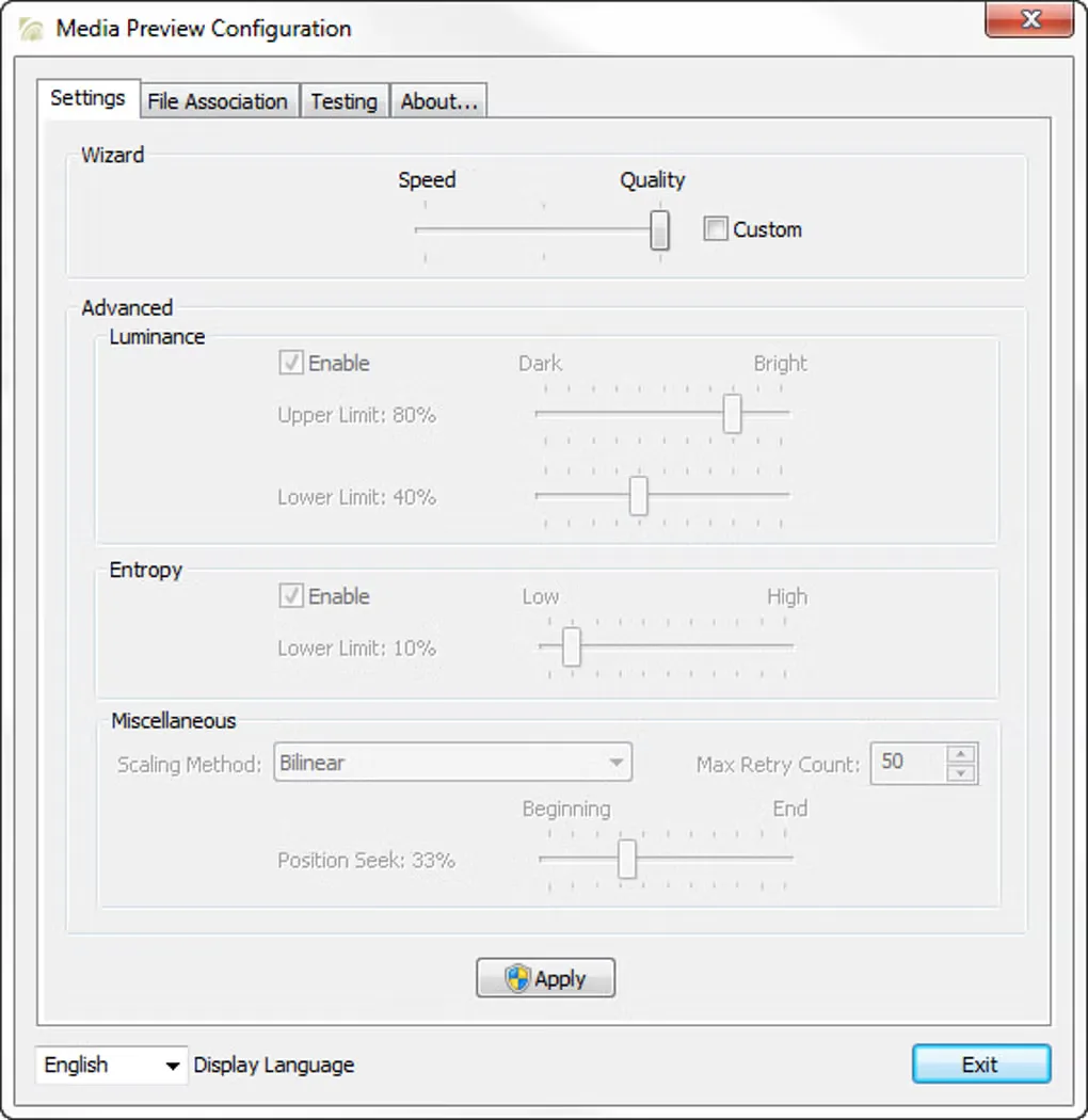 Media Preview Configuration Settings tab with speed and quality slider, luminance and entropy controls, and thumbnail position settings
