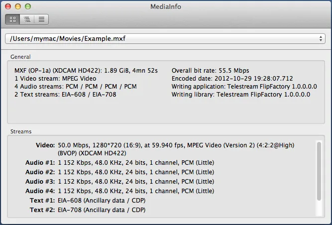 Publisher's MediaInfo Mac Easy view showing MXF file details and video, audio and subtitle streams