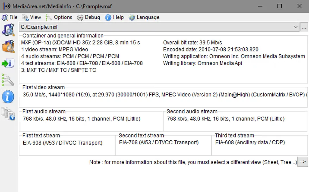 MediaInfo Windows Easy view showing an MXF file’s container, video, audio and caption stream details.