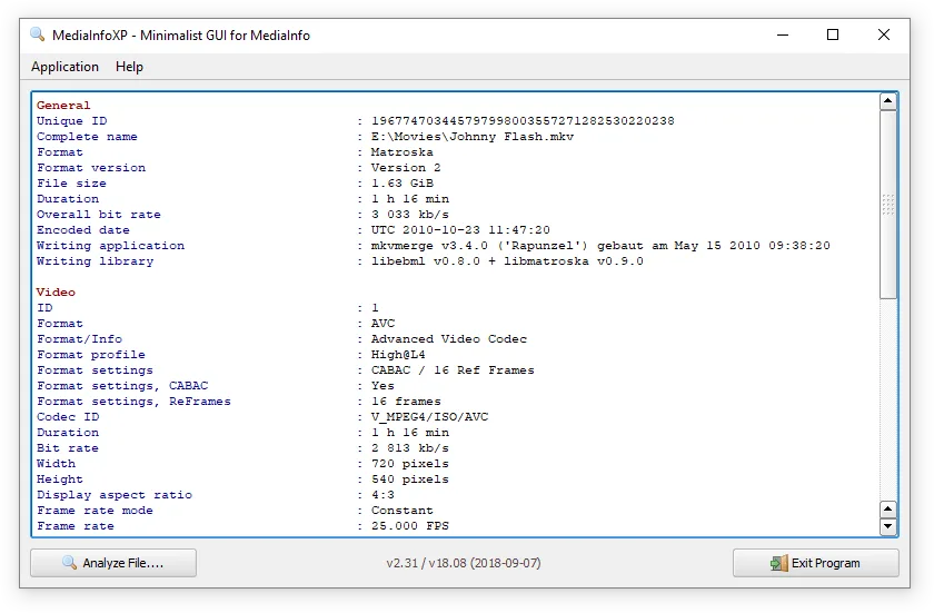 Historical MediaInfoXP 2.31 Windows window showing General and Video technical details for a Matroska file.