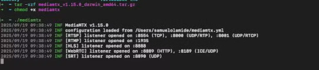 Historical MediaMTX 1.15.0 macOS terminal showing configuration loading and RTSP, RTMP, HLS, WebRTC and SRT listener startup logs.
