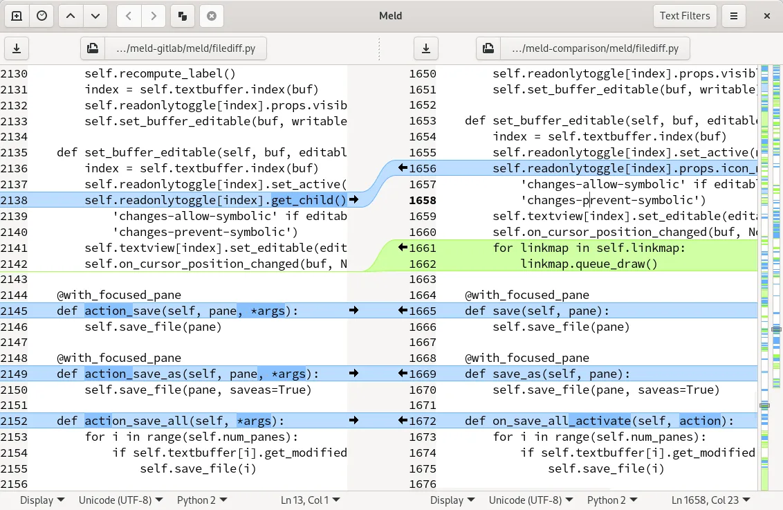 Publisher screenshot of Meld comparing Python files in two panes with highlighted changes and merge arrows; Linux-style window decoration, not the current Windows release.