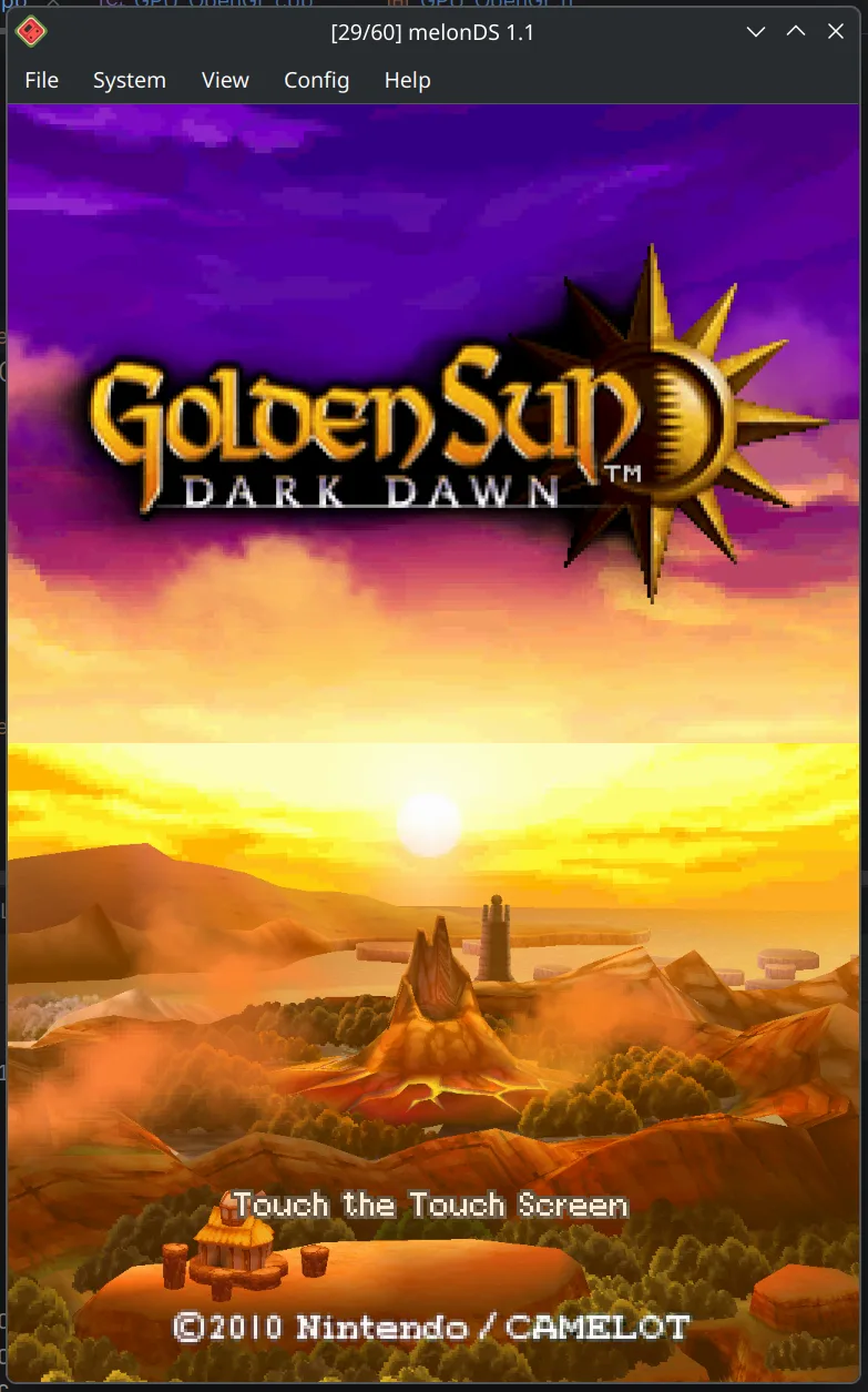 Publisher development screenshot: melonDS menus and stacked Golden Sun: Dark Dawn screens on a non-Windows desktop