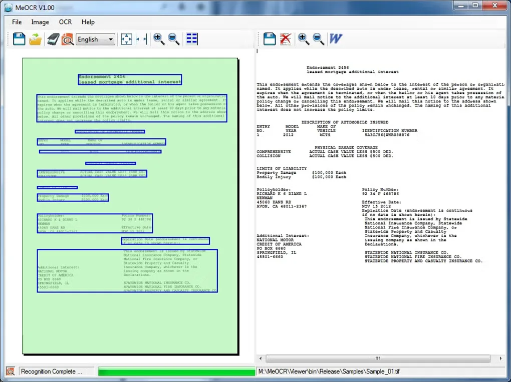 MeOCR V1.00 on Windows with selected text regions in a scanned page on the left and recognized editable text on the right.