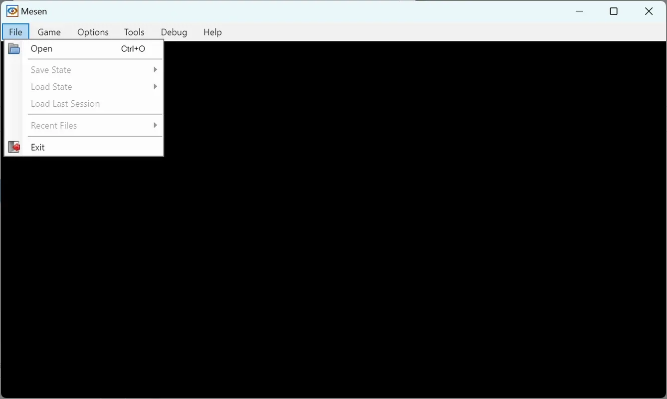 Mesen Windows interface with the File menu open above an empty emulation area; exact version unspecified
