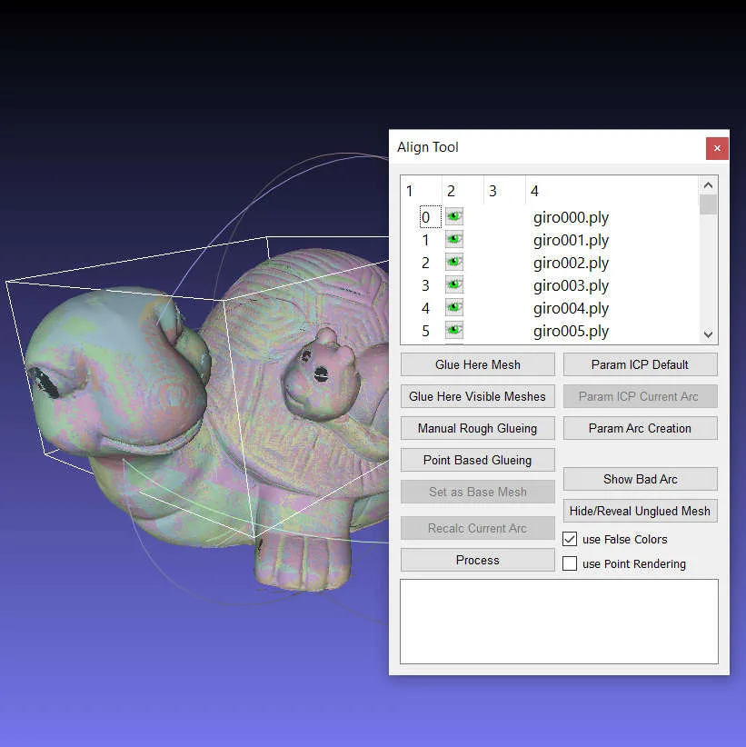 MeshLab publisher screenshot showing a scanned model and the Align Tool dialog with mesh layers and alignment controls