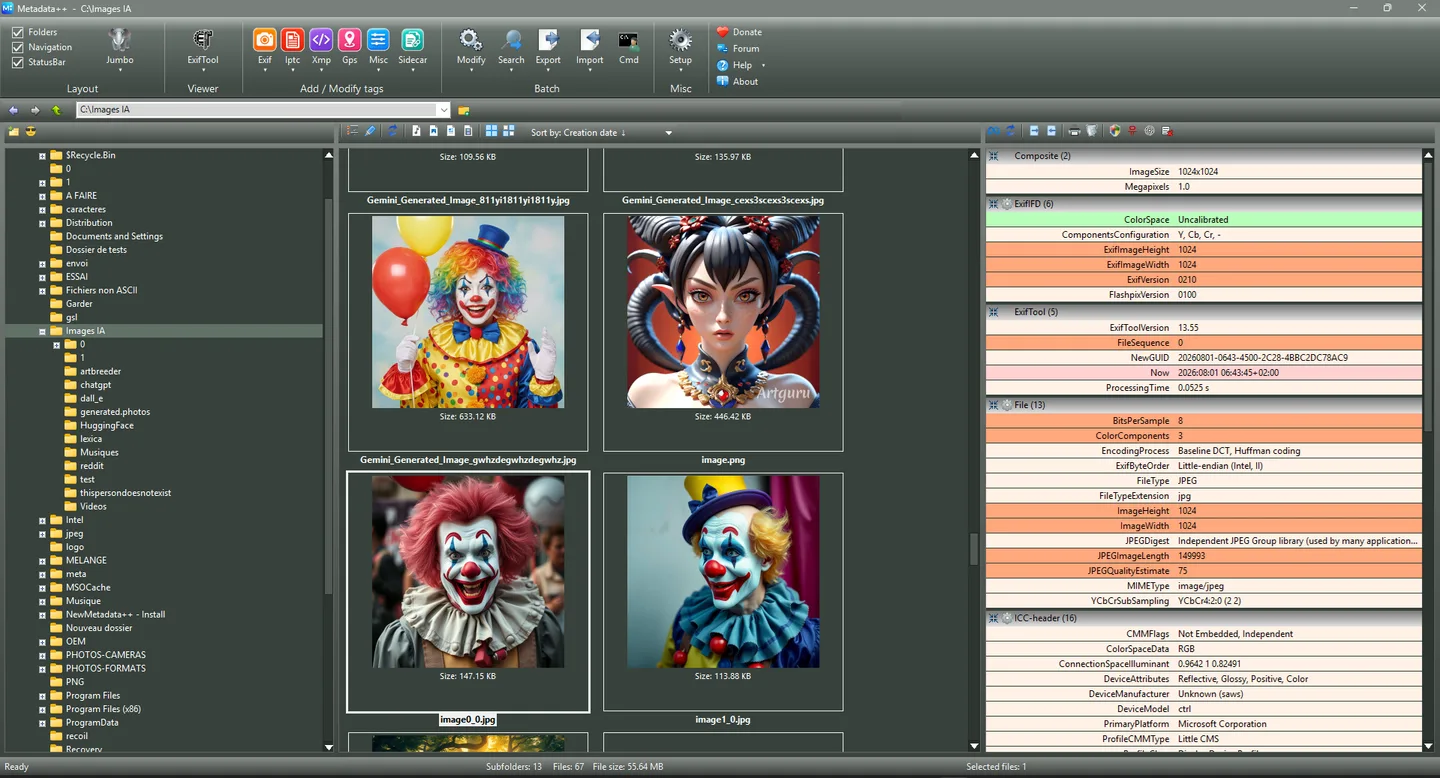 Metadata++ main window with folder navigation, image thumbnails and a detailed metadata tag panel.