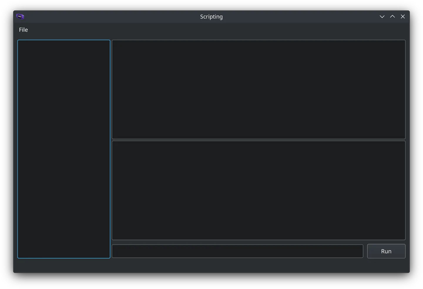 Publisher screenshot of the mGBA desktop Scripting window, showing its buffer list, output panes and Run field; platform appearance may differ on Mac.