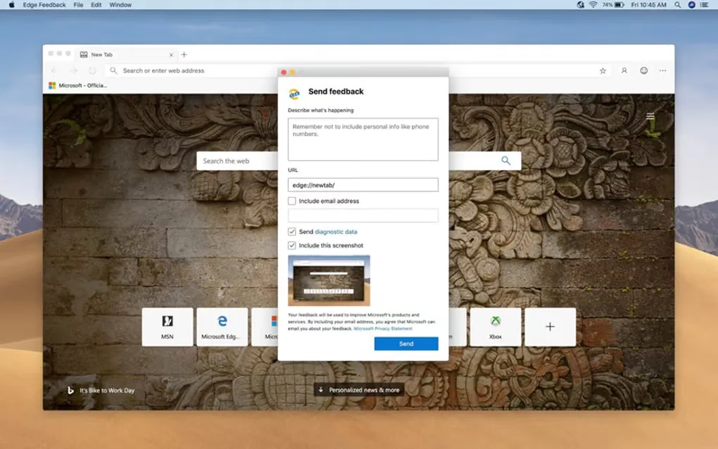 Older Microsoft Edge interface on macOS with a new tab page behind the Send feedback dialog