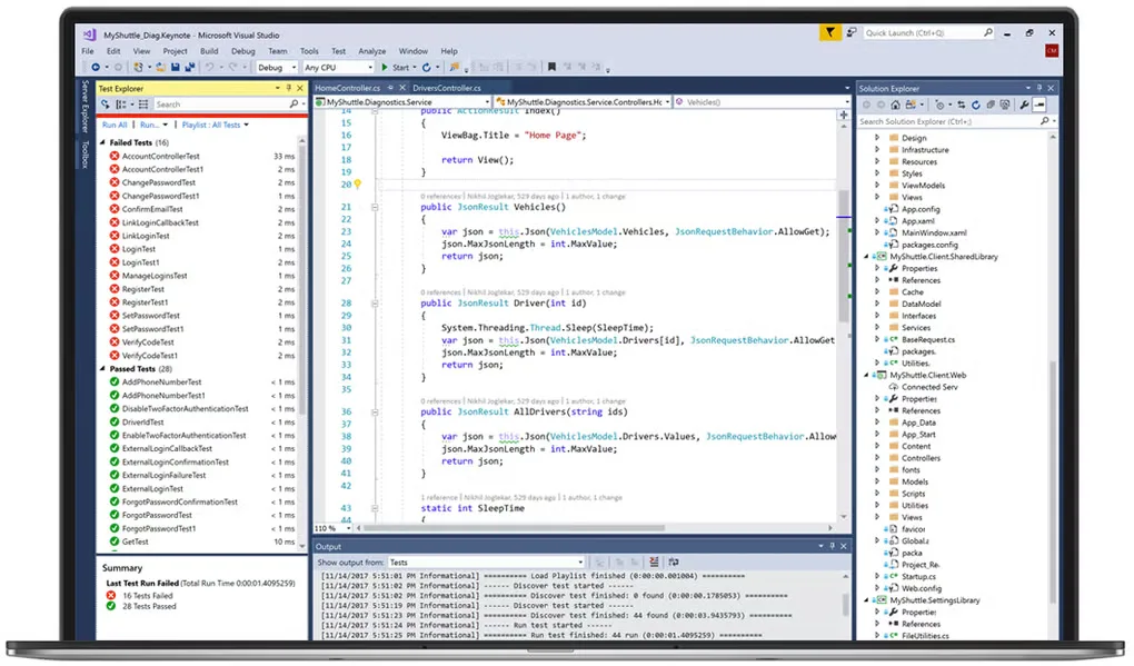Older Visual Studio Windows interface with C# code, Test Explorer, Solution Explorer and an Output pane