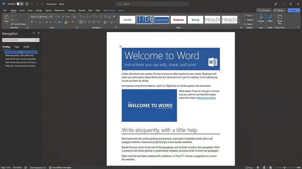 Microsoft Word for Windows showing the Home ribbon, navigation pane and a Welcome to Word sample document in a dark interface.