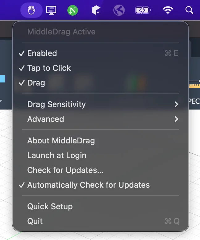 MiddleDrag menu on macOS showing Enabled, Tap to Click, Drag, Drag Sensitivity and Launch at Login controls.