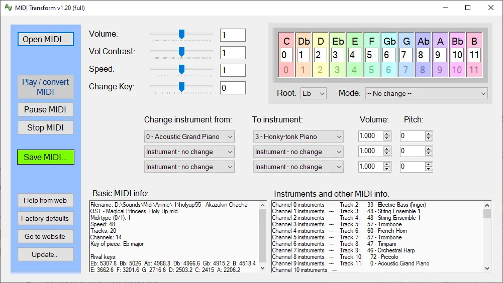 MIDI Transform v1.20 full-version window with tempo, key, volume, mode and instrument controls and MIDI information panels