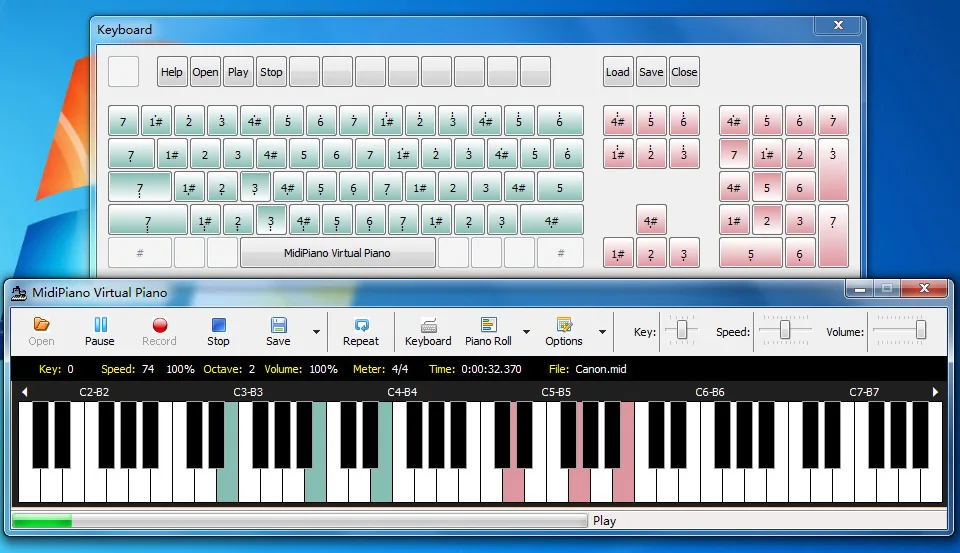 MidiPiano Virtual Piano with colored piano keys, playback controls and a separate computer-keyboard mapping window.