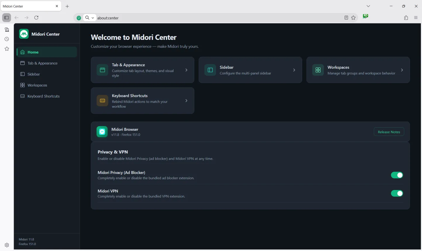 Midori Center settings on Windows with tab appearance, sidebar, workspaces, keyboard shortcuts and Privacy & VPN controls; publisher capture shows version 11.8.