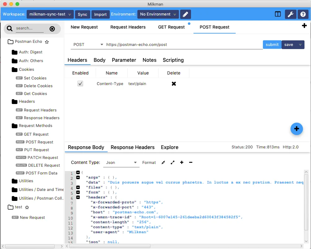 Milkman on a Mac-style window showing a request collection, POST request headers and a JSON response body