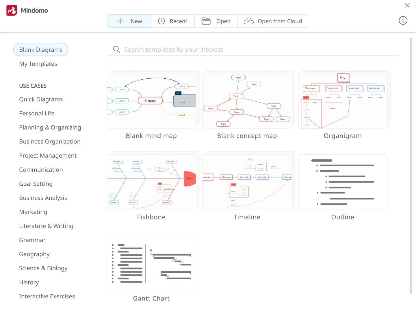 Mindomo Desktop dashboard with blank mind map, concept map, organigram, fishbone, timeline, outline and Gantt chart choices