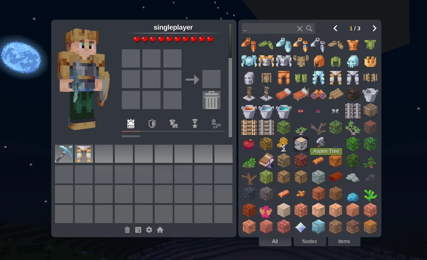 Luanti with the optional i3 mod: player inventory, crafting grid and searchable item browser; not the default engine interface.
