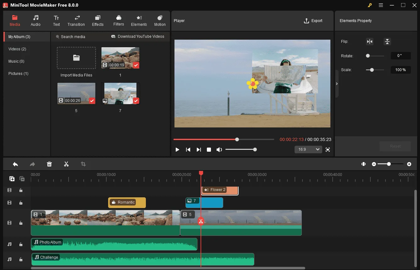 Publisher tutorial screenshot of MiniTool MovieMaker Free 8.0.0 showing a picture-in-picture preview and layered video and audio timeline