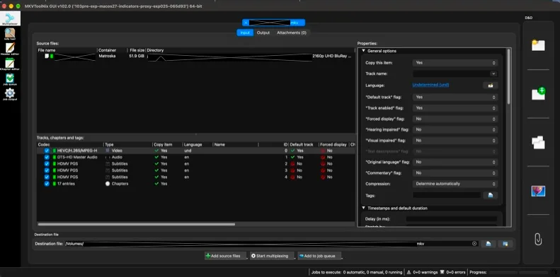 MKVToolNix 102.0 development-build multiplexer on macOS in dark mode, showing tracks and properties; source paths are obscured.