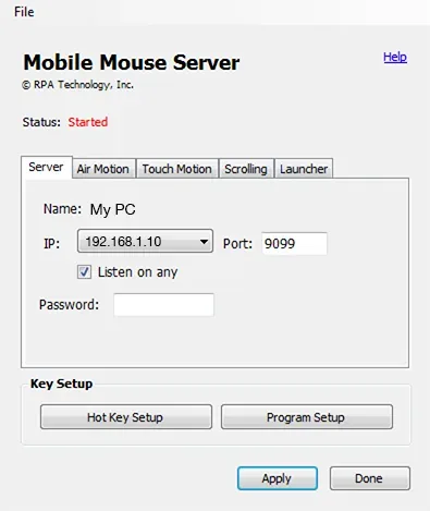 Mobile Mouse Server on Windows showing server status, IP address, port, password and motion settings tabs