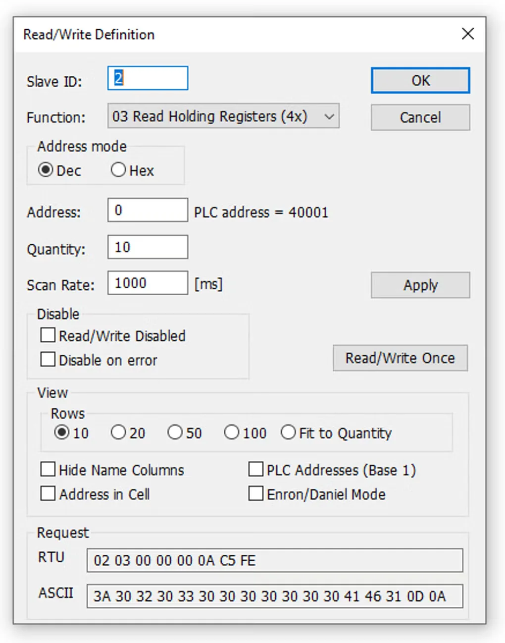 Modbus Poll Read/Write Definition dialog with slave ID, holding-register function, address, quantity, scan rate and RTU/ASCII request previews.