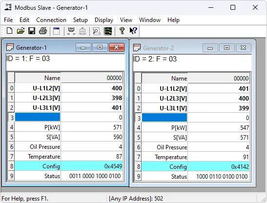 Modbus Slave showing Generator-1 and Generator-2 holding-register windows for slave IDs 1 and 2, with voltage, power, pressure and status values.