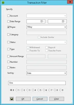 Money Manager Ex Transaction Filter dialog from older Windows documentation, with payee and date filters