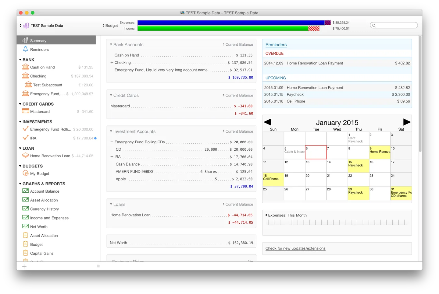 Publisher Moneydance desktop Summary screenshot with account balances, reminders and a calendar; macOS-style window controls shown
