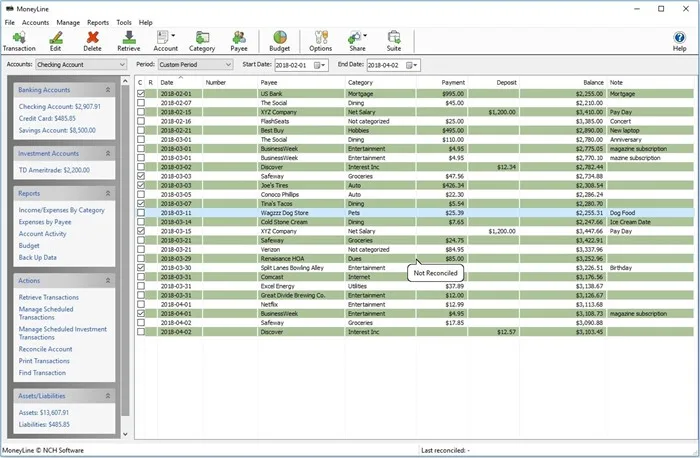 MoneyLine on Windows showing a checking-account transaction register, account balances and report shortcuts.
