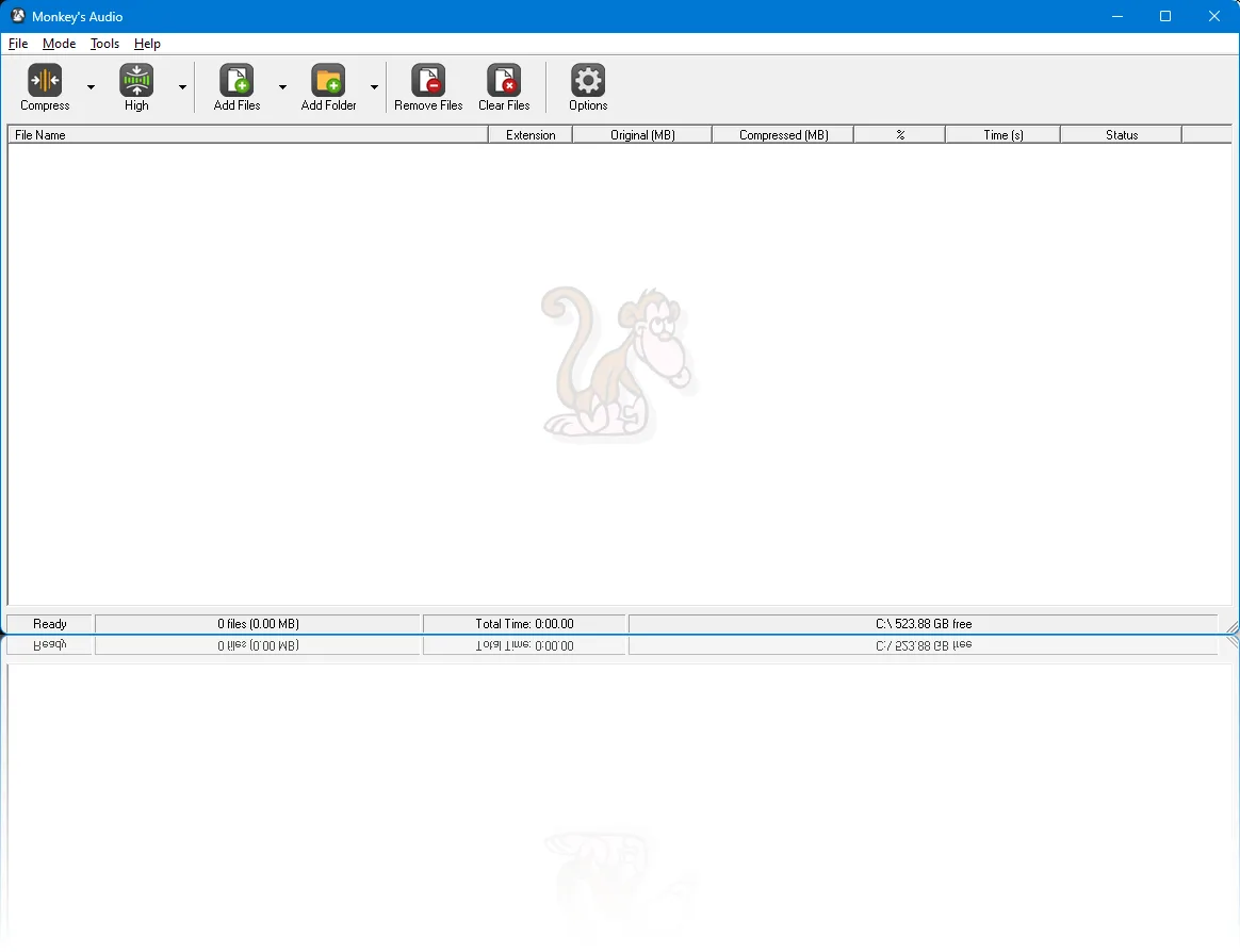 Monkey's Audio for Windows showing Compress mode, High compression, file controls and an empty processing queue.