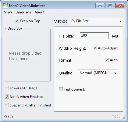 Moo0 VideoMinimizer window with a video drop box, file-size target, automatic dimensions and format, quality selection and test-conversion option