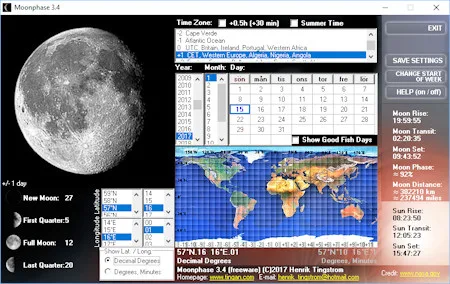 Moonphase 3.4 showing the lunar phase, date calendar, world map and Sun and Moon rise times