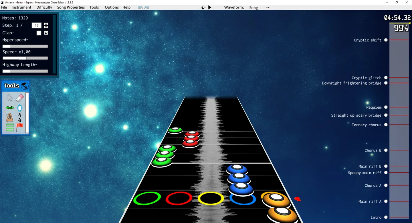 Moonscraper Chart Editor 1.3.3.2 on Windows showing guitar notes, waveform, editing tools and song section timeline