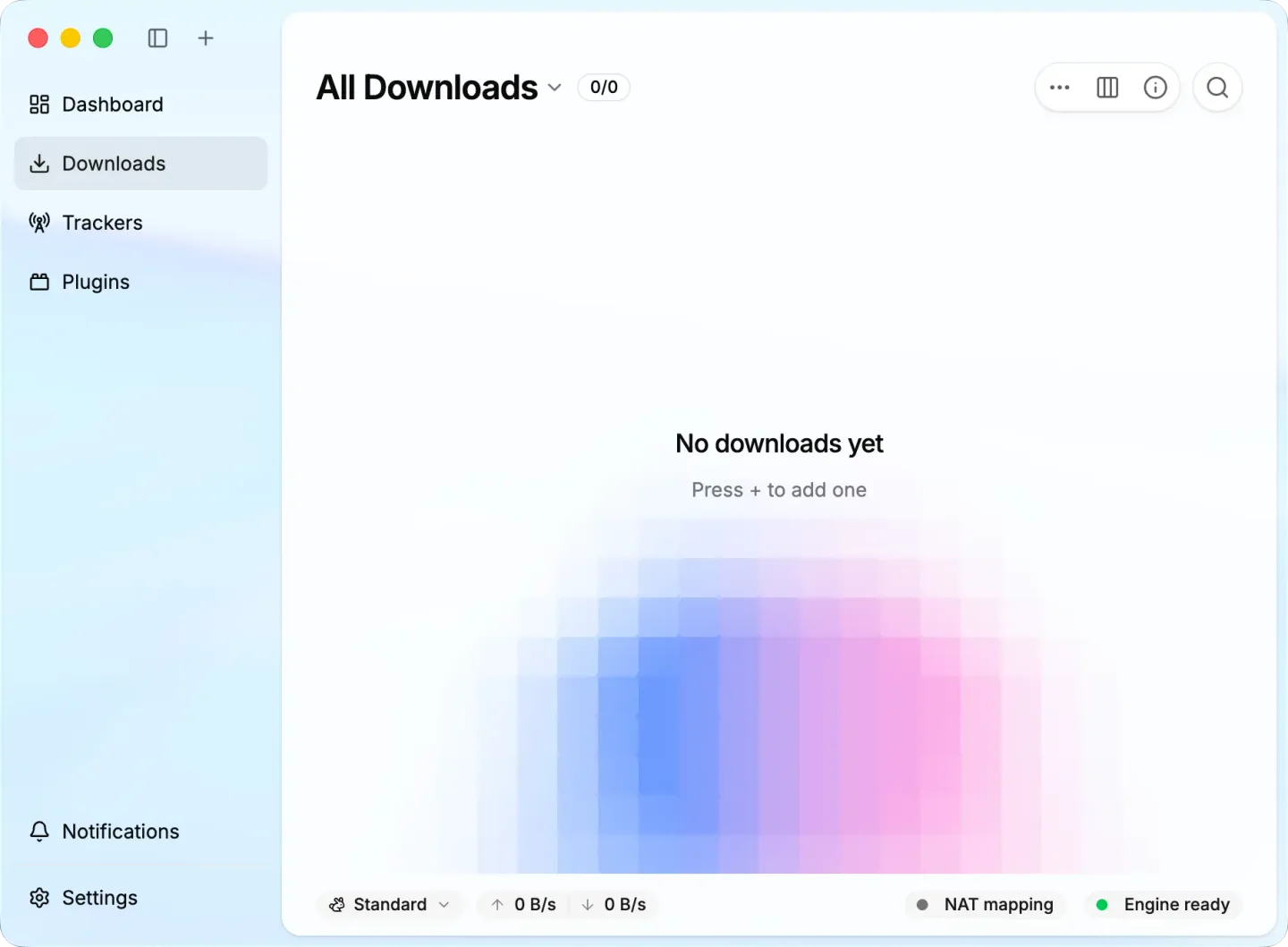 Motrix on Mac showing an empty All Downloads view, task navigation, search and transfer status controls.
