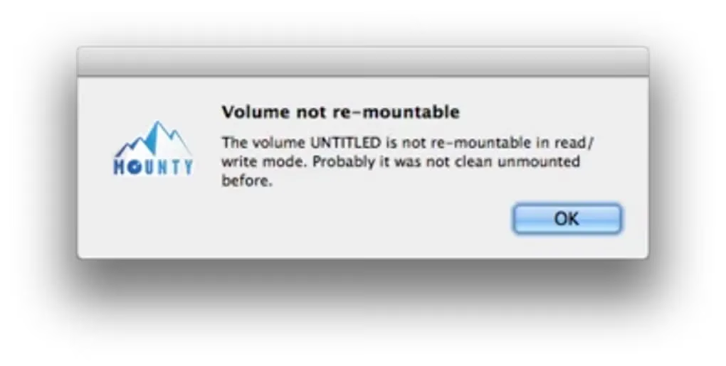 Mounty Volume not re-mountable alert explaining that the UNTITLED volume may not have been cleanly unmounted