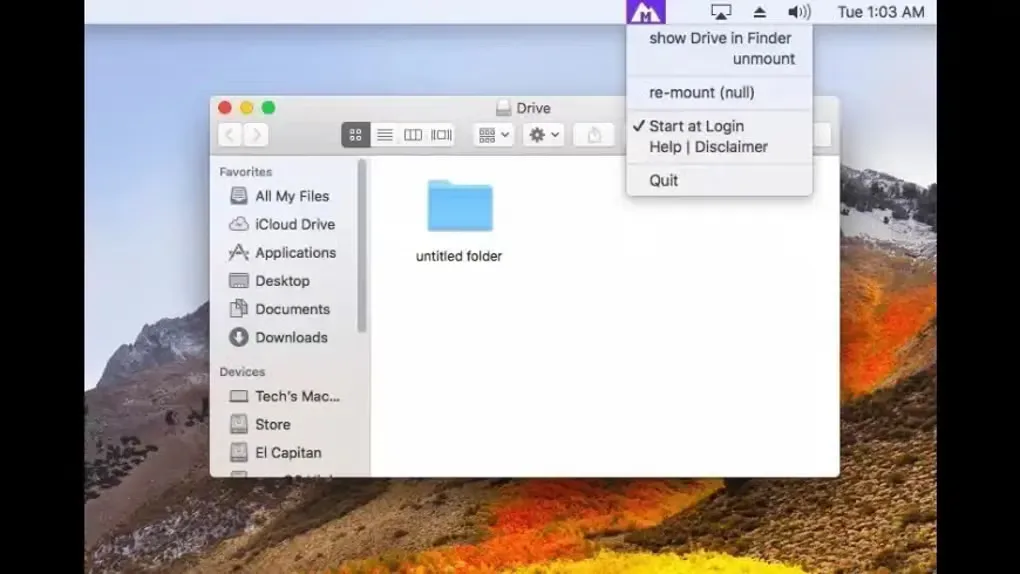 Older macOS example of Mounty's menu with Finder access, unmount and login options above a Finder drive window